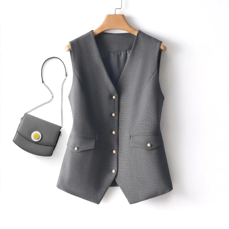 Fashion V-Neck Short Slim Waistcoat Female Spring and Autumn Single-Breasted Workplace Temperament on the Top of the Outwear
