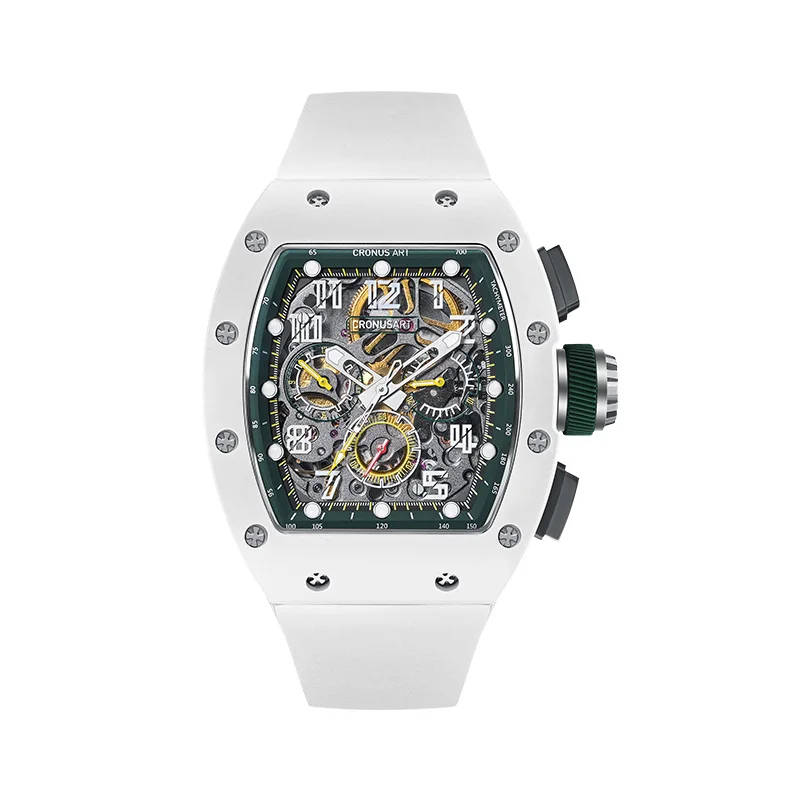 

CRONUSART Men Automatic Watch Chronograph Luxury Tonneau Mechanical Wristwatch Carbon Steel Case Luminous Fluororubber Strap
