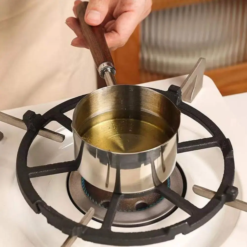 Wooden Handle Measuring Spoon 304 Stainless Steel Spout Small Sauce Chocolate Milk Pan with Scale Oil Pot for Kitchen Cookware