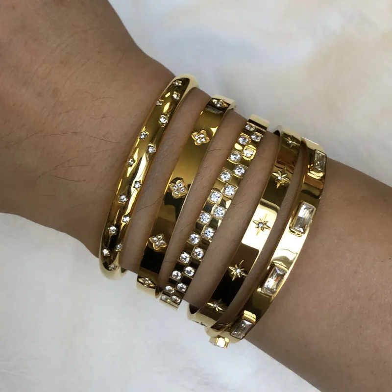 Waterproof Luxury Colorful Cubic Zirconia Bangles Stainless Steel Open Bracelet Bangle 18k Plated Fashion Jewelry Women bangle bracelet stainless steel bracelet crystal bracelets zircon bracelet zirconia bangle