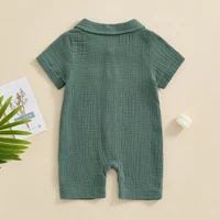 0-24 Months Summer Infant Newborn Costume Baby Boy Comfortable Jumpsuit Solid Color Short Sleeve Lapel Button Down Casual Romper 3