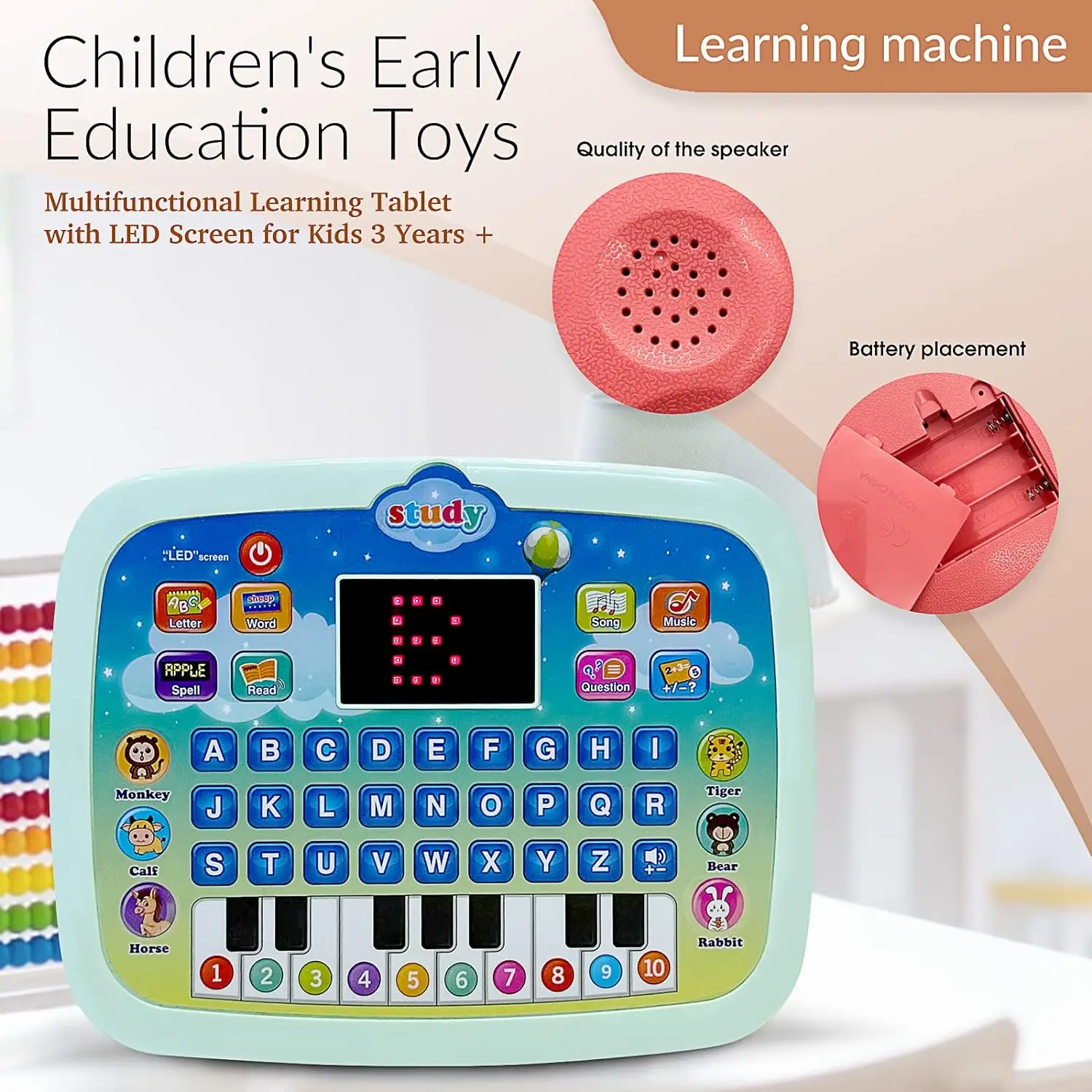 Kids Tablet, Educational Learning Pad with LED Screen, Early Development Interactive Electronic Toy for Boys & Girls 5