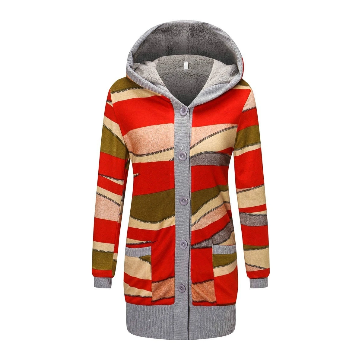 Women Cardigan Striped Print Long Sleeve Sweater Coat Buttons Closure Hooded Plush Lining Sweater Outerwear For Autumn Winter 3
