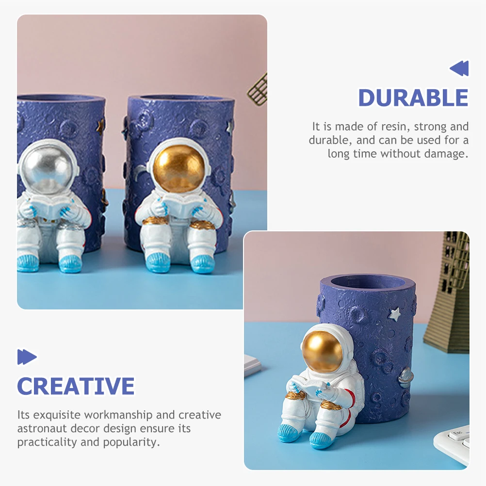Astronaut Pen Holder Round Pen Holder Spaceman Figurine Statues Ornament Storage Pencil Holder Makeup Brush Holder Desk Decor 4