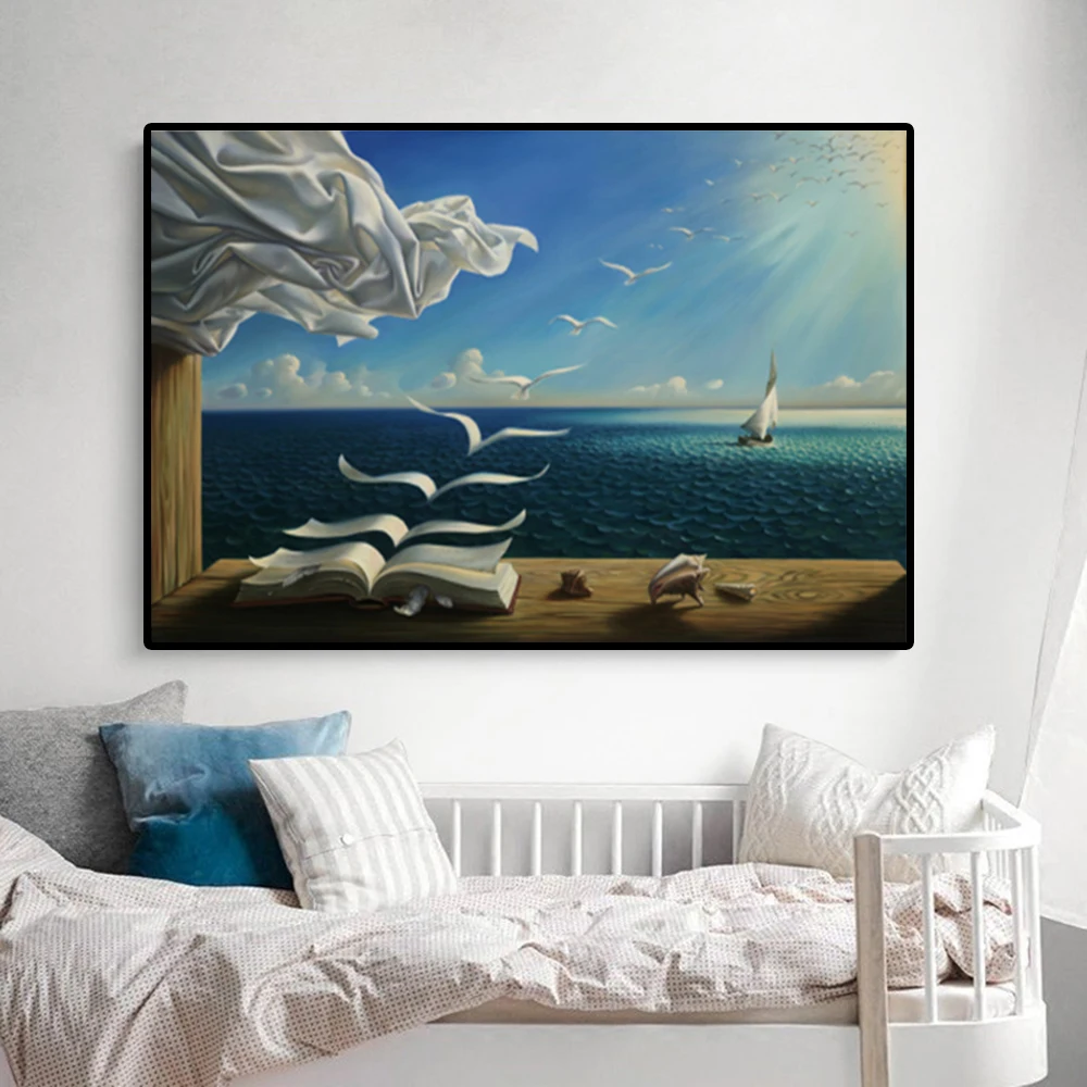 

Salvador Dali The Waves Book Sailboat Oil Painting on Canvas Posters and Prints Cuadros Wall Art Pictures For Living Room