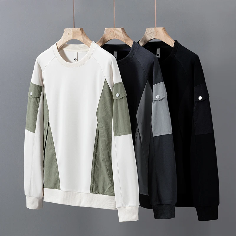 2025 Spring Men Sweatshirts Pockets Patchwork Streetwear Oversized 6XL 7XL 8XL Big Size Long Sleeve Loose Pullover Sportswear 2