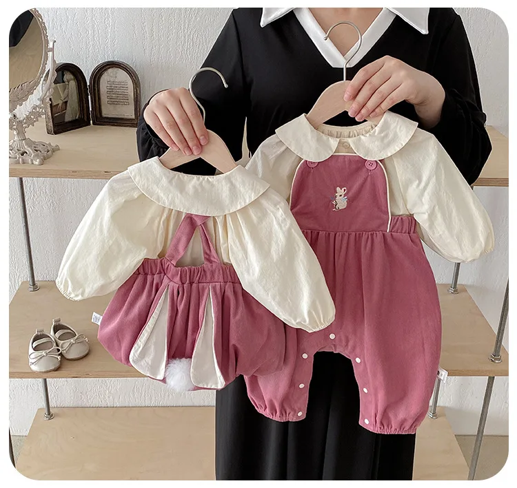 Description Picture 5 of itemBaby Girl Two Piece Set Newborn Autumn Korean Children Clothing Baby Girls Solid Color Shirt Suspender Pants Cute Clothing