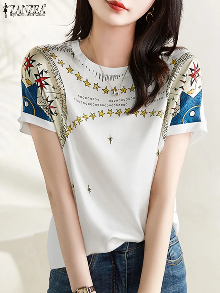 

ZANZEA 2024 Summer Women Vintage Round Neck Holiday Tops Printing Blouse Loose Short Sleeve Tops Tunic Casual Office Shirt Blusa