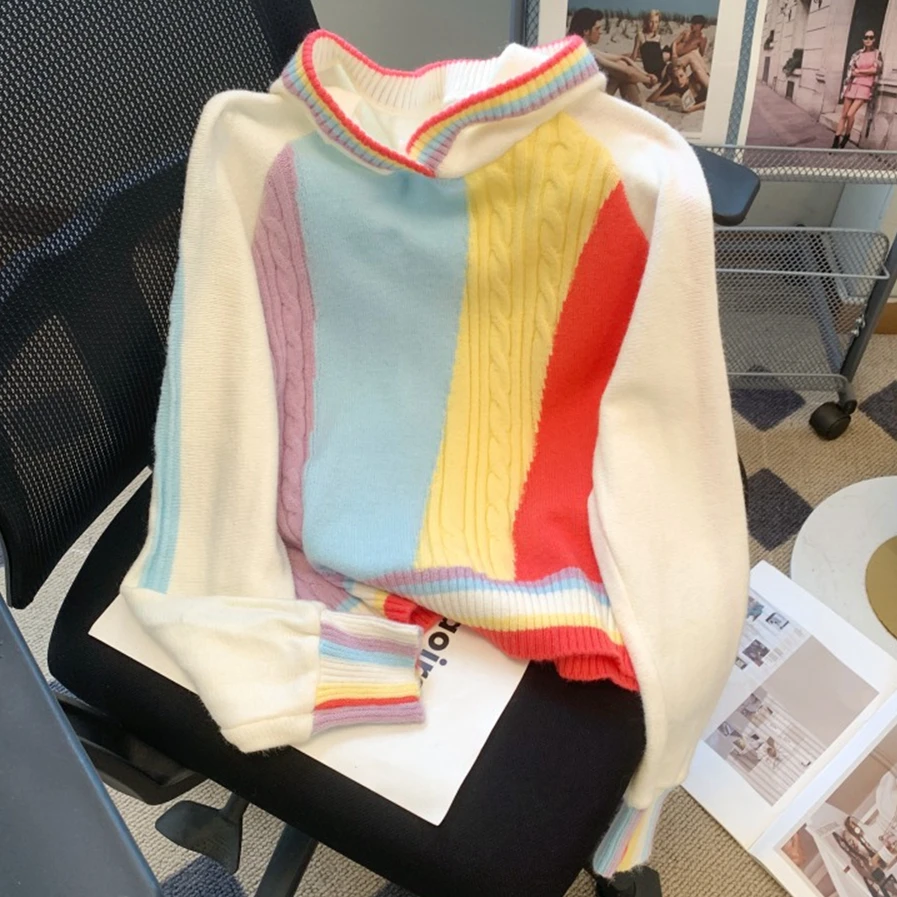 

Уличная одежда, свитер с капюшоном в радужную полоску, Женская Осень/Зима 2023, свободный короткий вязаный пуловер, топ, женская одежда, джемперы