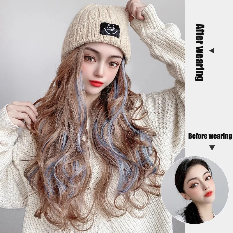 Hat wig long curly hair big waves smiling face logo knitted hat wig one-piece dyed fog blue hanging ear dye wig