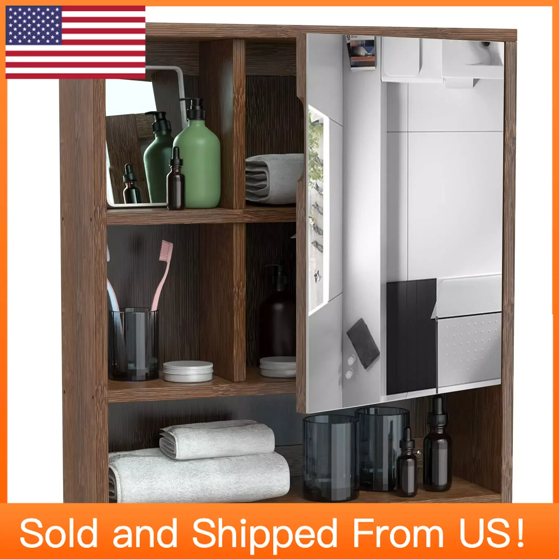 

Bathroom Wall Cabinet, Bamboo Wall Mount Medicine Cabinet Storage Organizer, Double Doors & 3 Tier Adjustable Shelf,Walnut