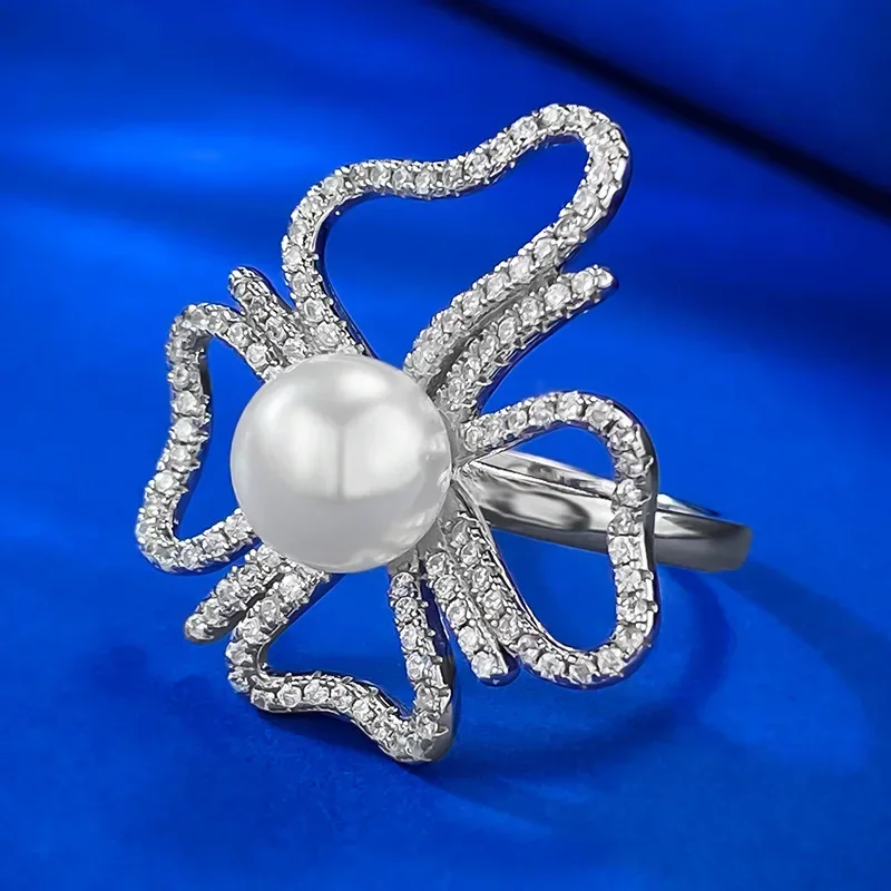 

SpringQiaoer Elegant 925 Sterling Silver 8MM Pearl High Carbon Diamond Gemstone Bowknot Ring for Women Gifts Wedding Jewelry