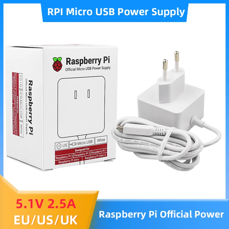 Raspberry Pi Official Power Supply 5.1V 2.5A 12.5W Micro USB Power Adapter 18AWG Cable for Raspberry Pi 3B+ 3B Zero 2 W