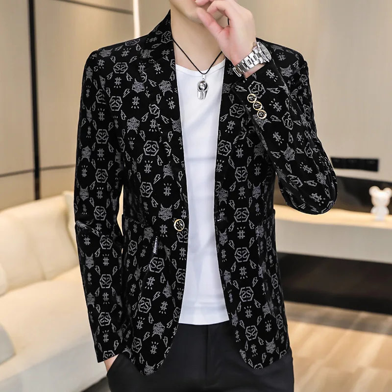 Blazer New Men's Fashion Corduroy Business Gentleman Slim Letter English Style Outdoor Performance Wedding Banquet Casual Blazer 5