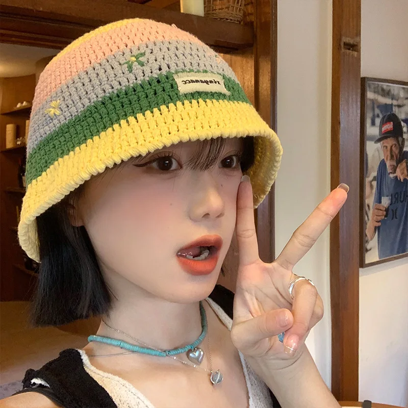 Sweet And Cute Striped Fisherman Hat For Women on Vacation, Contrasting Flower Shaped Large Brim Basin Hat, Sun Hat