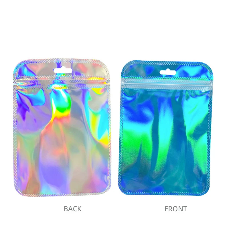 

100Pcs Holographic Blue Mylar Foil Zip Lock Bag with Hang Hole Clear Plastic Tear Notch Self Seal Reusable Reclosable Food Pouch