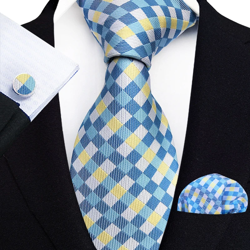 100% Silk Floral Blue Ties For Men Wedding Party Business Man Tie Handkerchief Brooch Cufflinks Set Men Accessories