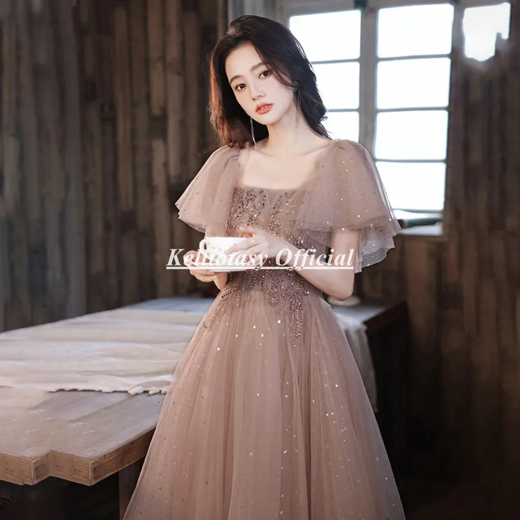 Square Neckline Cocktail Party Dresses With Short Sleeves Tea Length Lace Appliques Woman Dress For Occasions