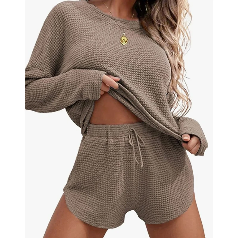 

2023 Womens Waffle Knit Pajama Sets Long Sleeve Top and Shorts Matching Lounge Set Loungewear Sweatsuit with Pockets