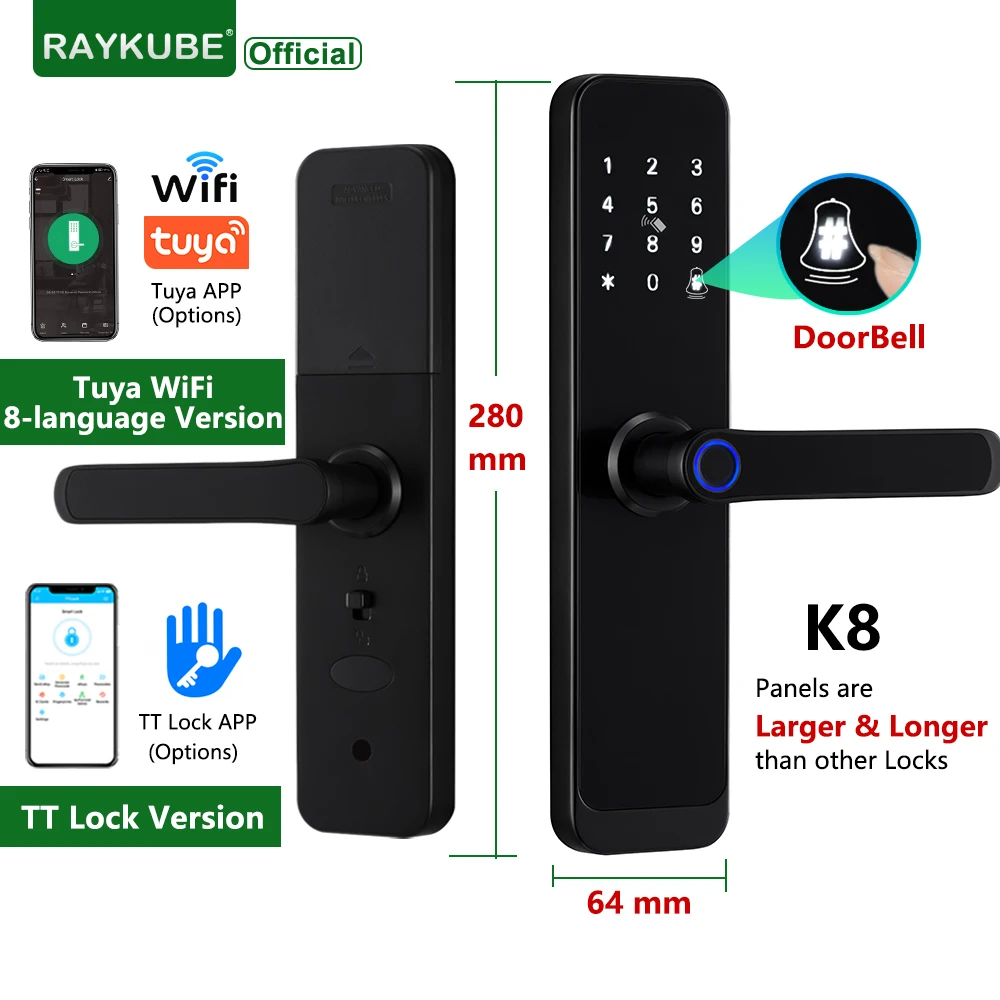 RAYKUBE K8 Tuya Wifi Smart Door Lock TT Lock Fingerprint Lock Digital Electric Lock With Longer Larger Handle Panels Doorbell