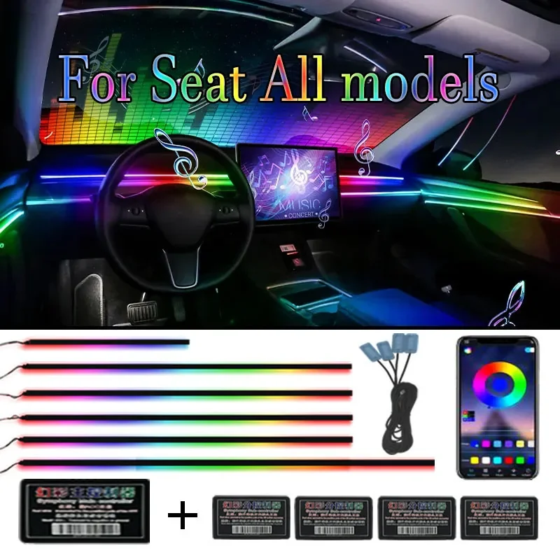 

For SEAT Symphony Decoration Ambient Lights Car Atmosphere Interior LED Acrylic Guide Fiber Optic Universal 18 in1 64 Color RGB