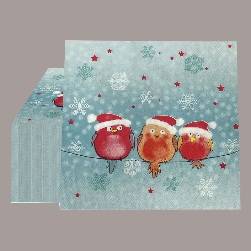 Serviettes de Noël imprimées trois petits oiseaux, mouchoirs, papier de soie pour fête d'anniversaire, décorations de restaurant, 20 pièces par paquet
