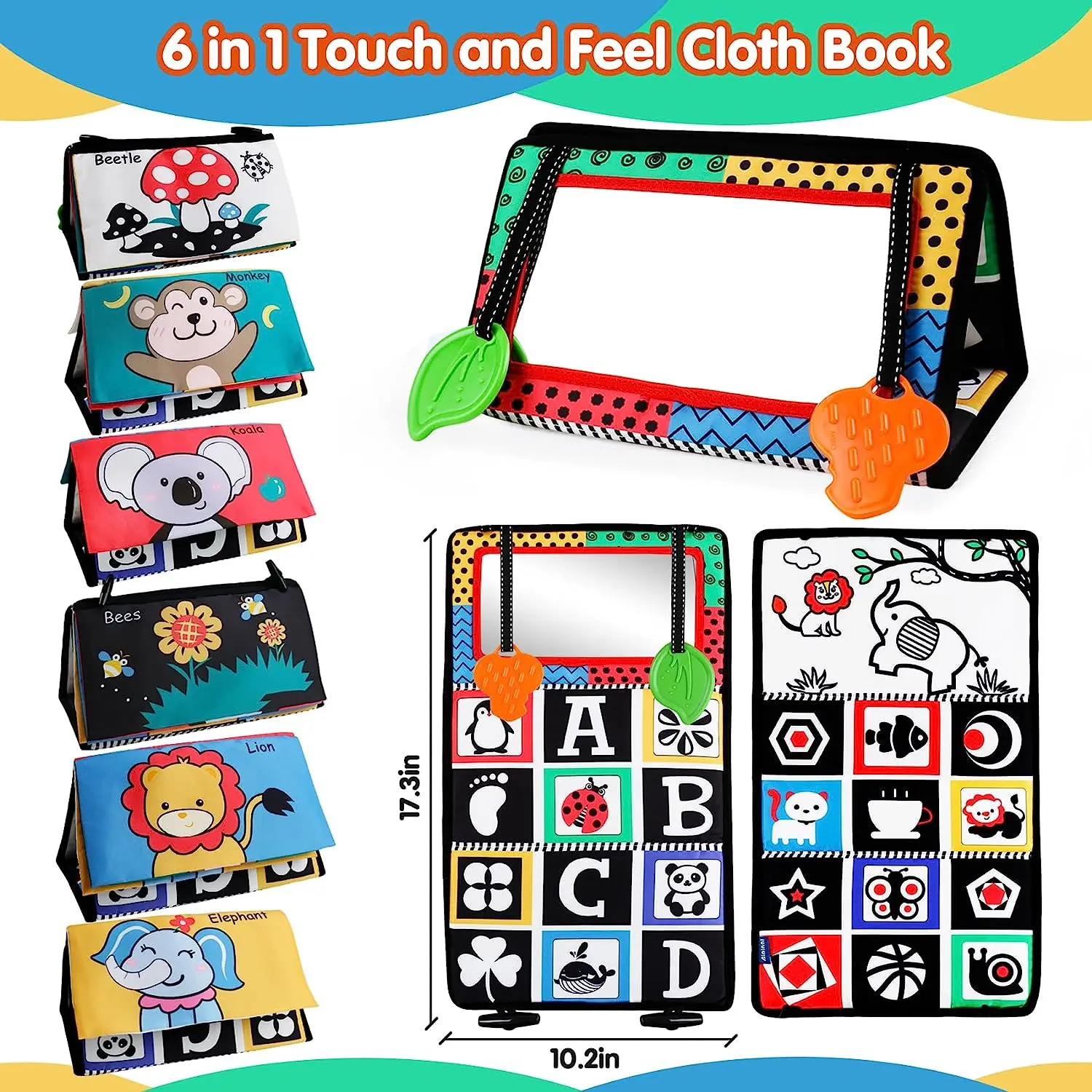 Crinkle Cloth Book Visual Stimulation Newborn Toys 0-3 Months Brain Development Tummy Time Mirror Toy for Infants Sensory Babies 2