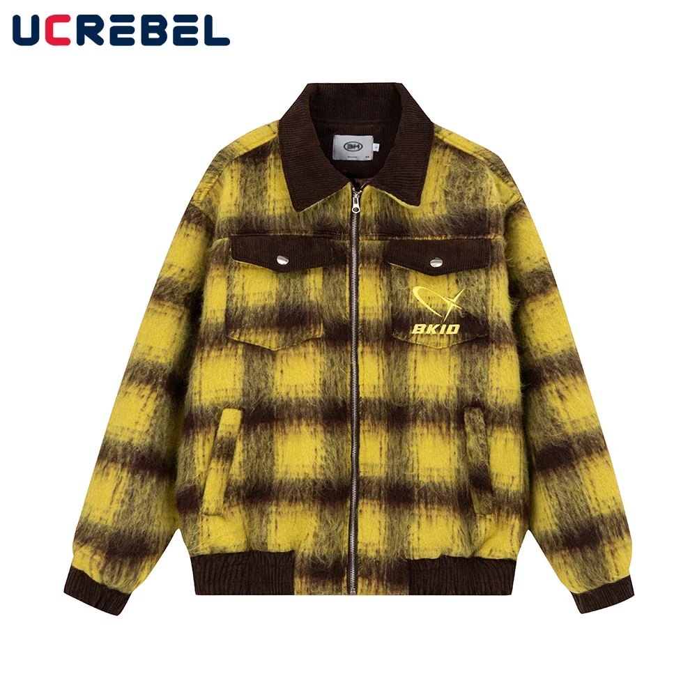 

Plush Plaid Zipper Outerwear Mens Vibe Style Contrast Lapel Long Sleeve Pocket Jacket Men Clothes