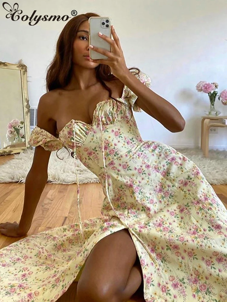 

Colysmo Off Shoulder Sexy Dresses Summer Romantic Floral Dress Women Chest Ruched Lace Up Resort Style Beach Long Dress 2020 New