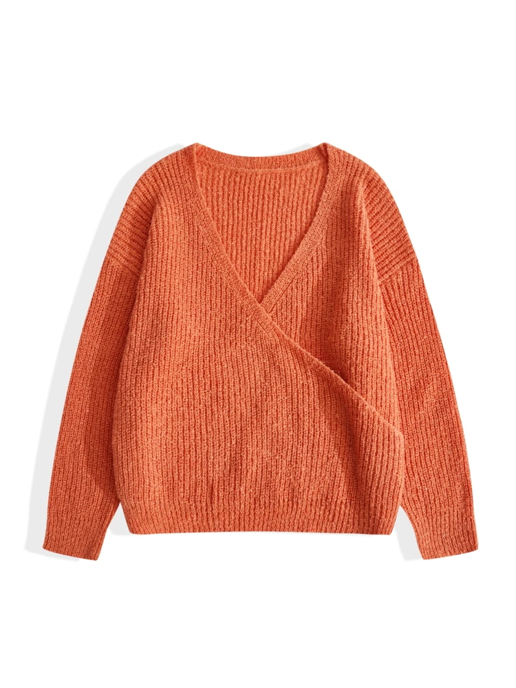 

ONELINK Solid Orange Wrap Over Top Plus Size Women Autumn Winter Woolen Sweater Pullover Big V Neck Knit L-3XL Oversize Clothing