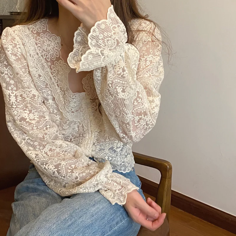 여성용 올 매치 얼짱 셔츠, 섹시하고 사랑스러운 소녀 레이스 슬림 스트리트웨어, 플레어 슬리브, 편안한 레트로 V넥 Mujer 패션, 심플한 인스
