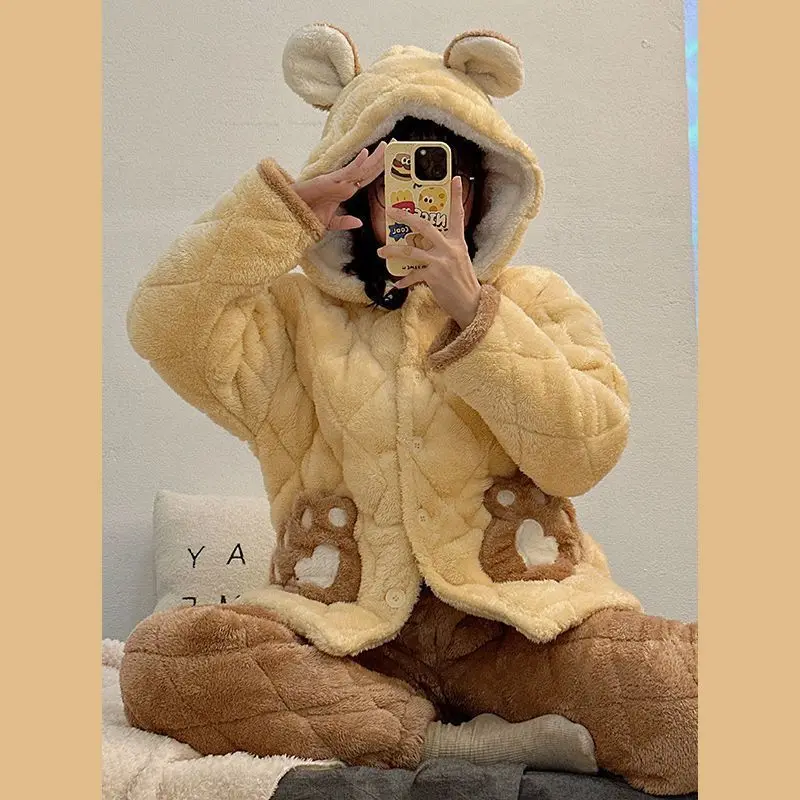 Pajamas Winter Sweet Students Plus Padd Sleepwear Suit Female Coral Velvet Flannel Cute Three-layer Cotton Home Clothes Set plus velvet autumn and winter new home clothes pajamas stitching cartoon cute sweet fashion trend coral fleece pajamas