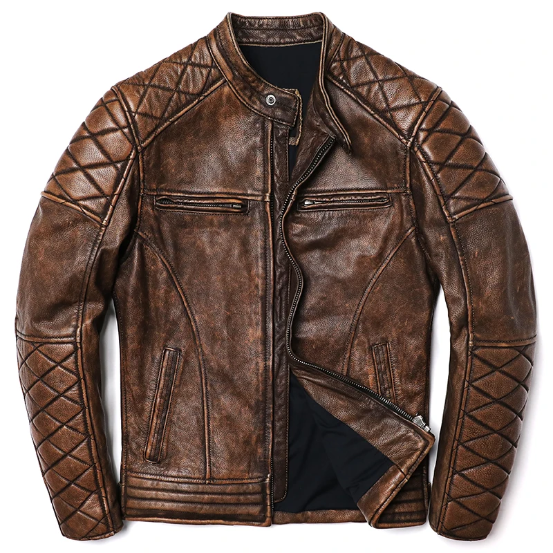 2023 New Camel Vintage Biker Leather Jacket Men's 100 Natural Genuine