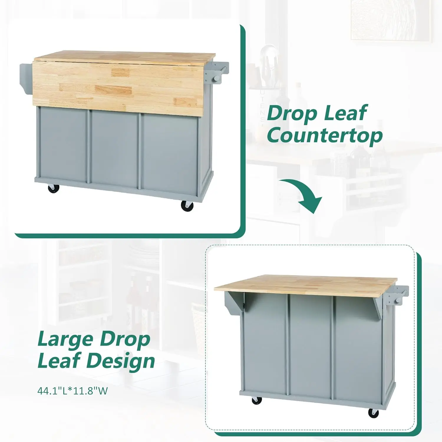 Kitchen Island on Wheels with Storage Drawers and Cabinets, Rolling Kitchen Cart with Drop Leaf, Wood Portable Island