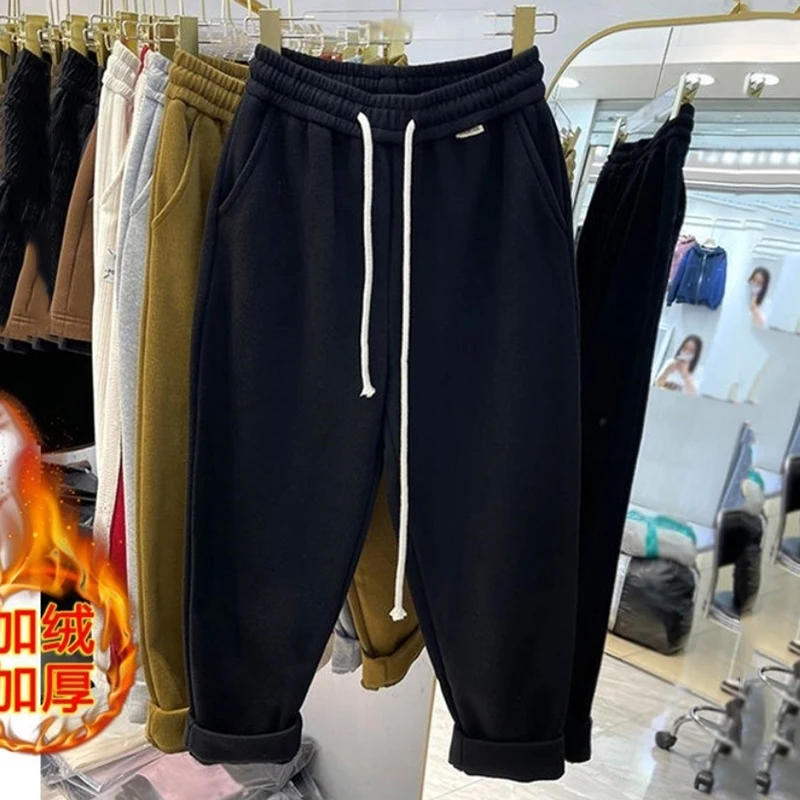 Fleece Lined Wide Leg Pants Women Autumn Winter Warm Casual Ankle-Length Pants All-Match Plus Velvet Oversized Sweatpants Loose