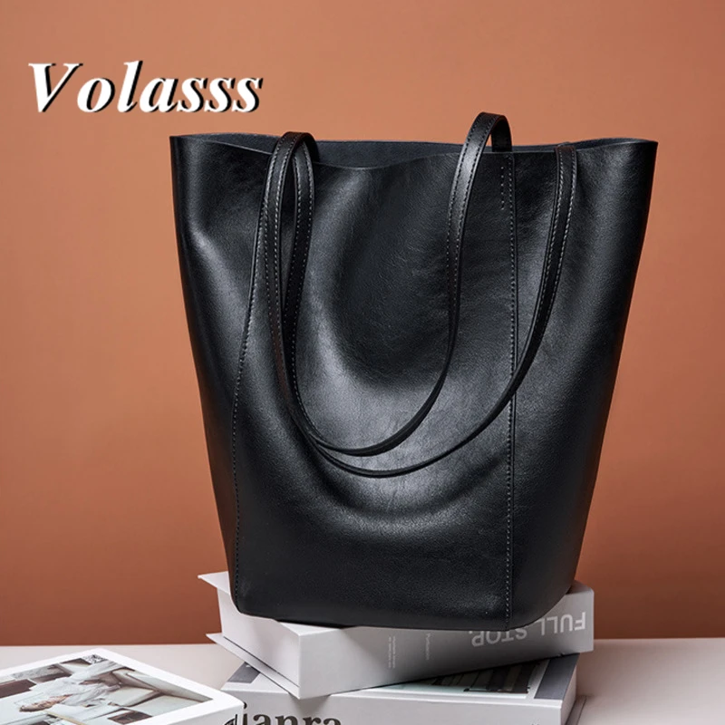 

VOLASSS New Genuine Leather Tote Shoulder Bag Women 2024 Casual Large Capacity Bucket Bag Female High Quality Cowhide Handbag