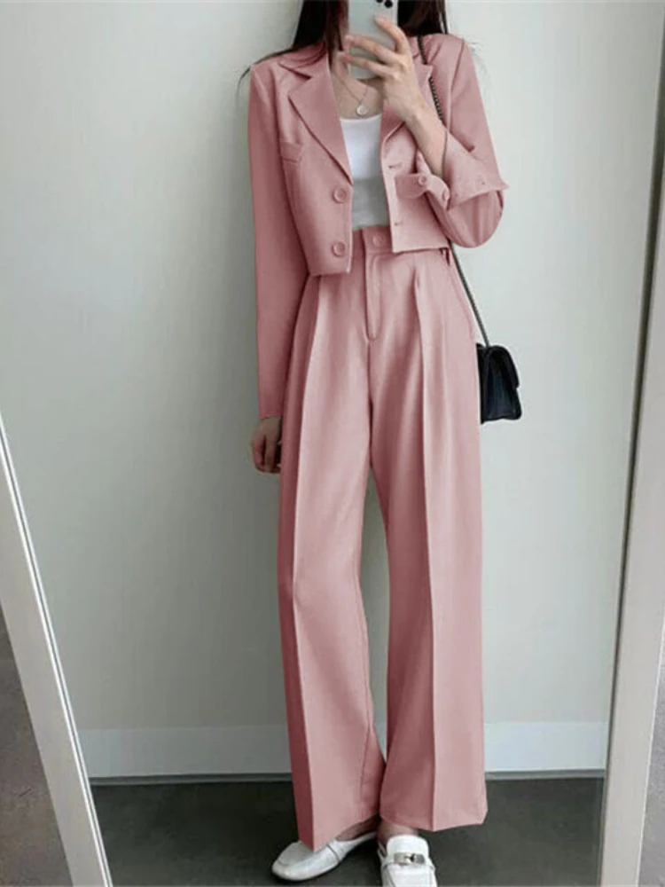 Chic Pink Pant Suits For Women Long Sleeve Single Breasted Short Blazer Straight Leg Trouser Fashion Office Ladies 2 Piece Sets