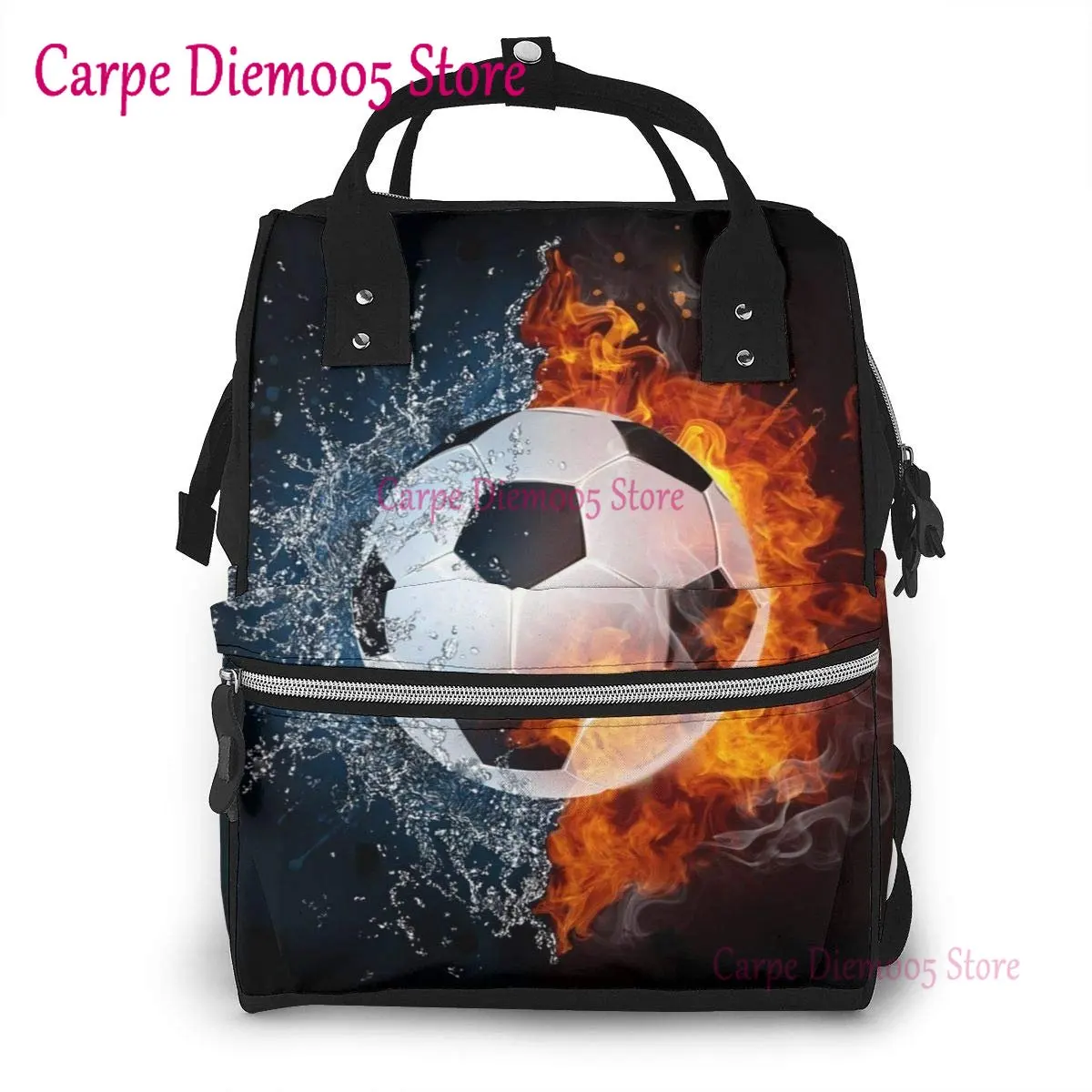 Soccer Ball In Fire And Water Diaper Backpack Multi-Function Organizer Nursing Bag Waterproof Non-fading Nappy Bags