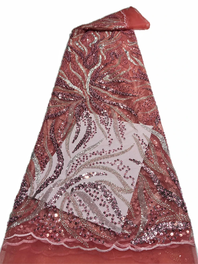 

African Luxury Sequins Beaded Lace Fabrics 2023 High Quality Sequence Embroidery French Nigerian Lace Fabric For Wedding Sewi FJ