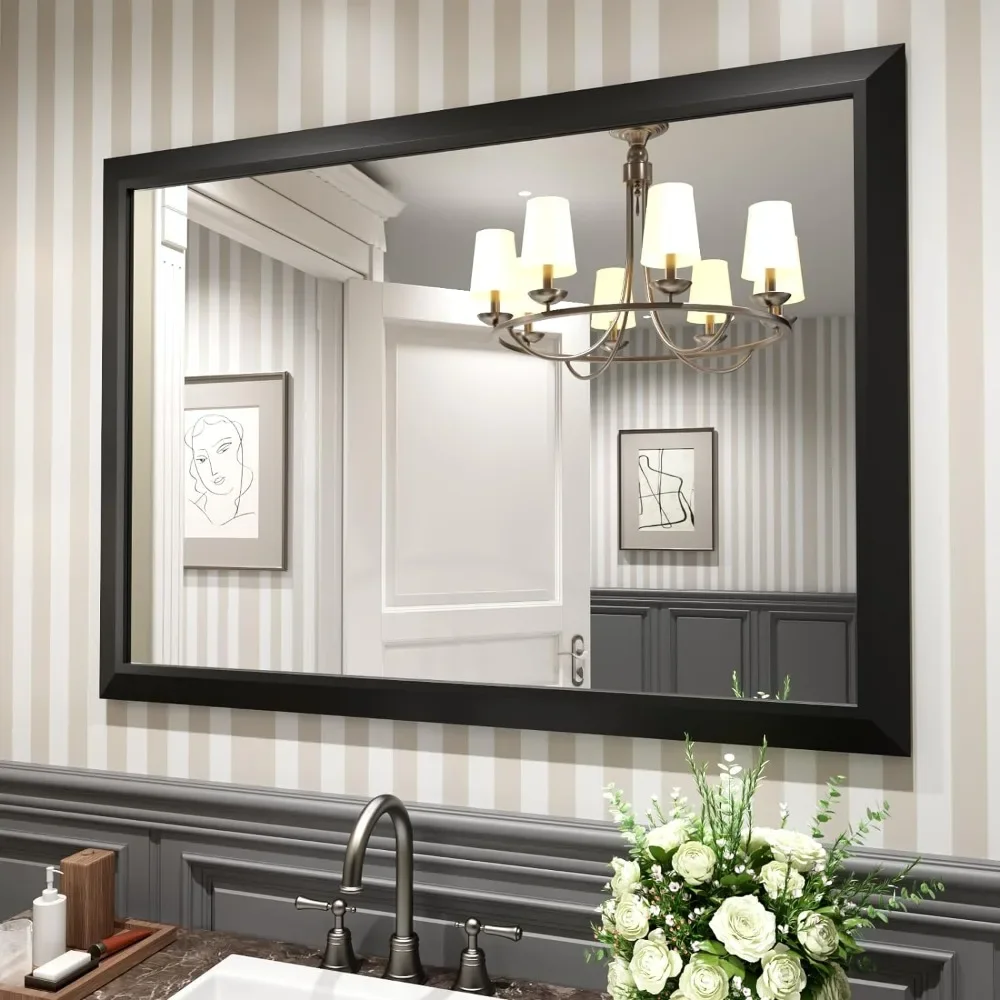 Black Bathroom Mirror, 48x35 Inch Thick Metal Framed Wall Mirrors Large Rectangle Wall-Mounted Mirrors.