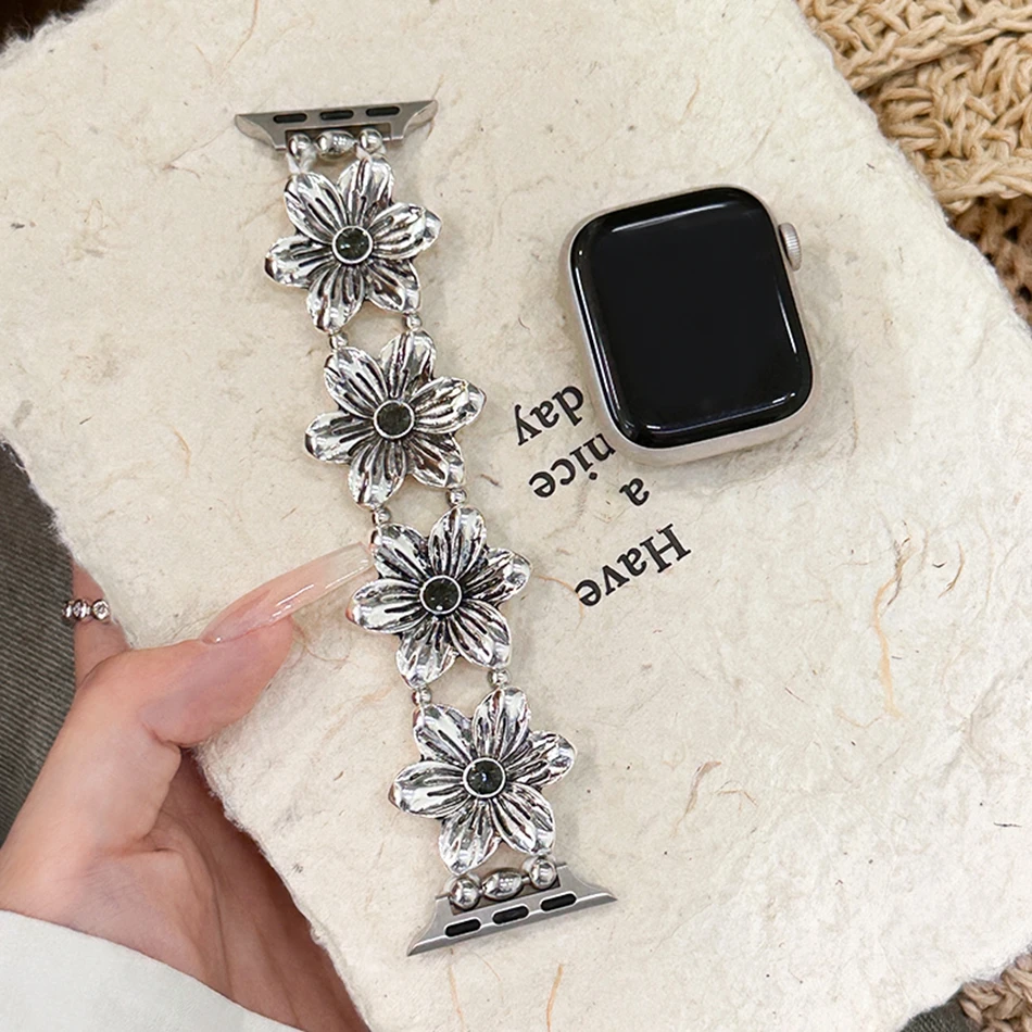Luxuriöses Vintage-Blumenarmband für Apple Watch Band S11/10/9/8/7/SE/6/5/Ultra 3 2 IWatch 49/46/45/44/42/41/40/38 mm elastisches Armband – Detail 13
