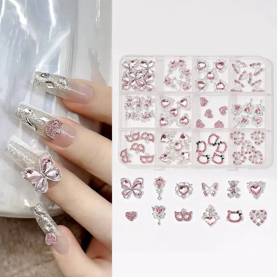 데코레이션 네일아트 DIY 1박스 3D 투명 네일아트 라인스톤 12가지 모양 믹스 오벌, 나비, 하트, 꽃, 라운드 다이아몬드 네일 참