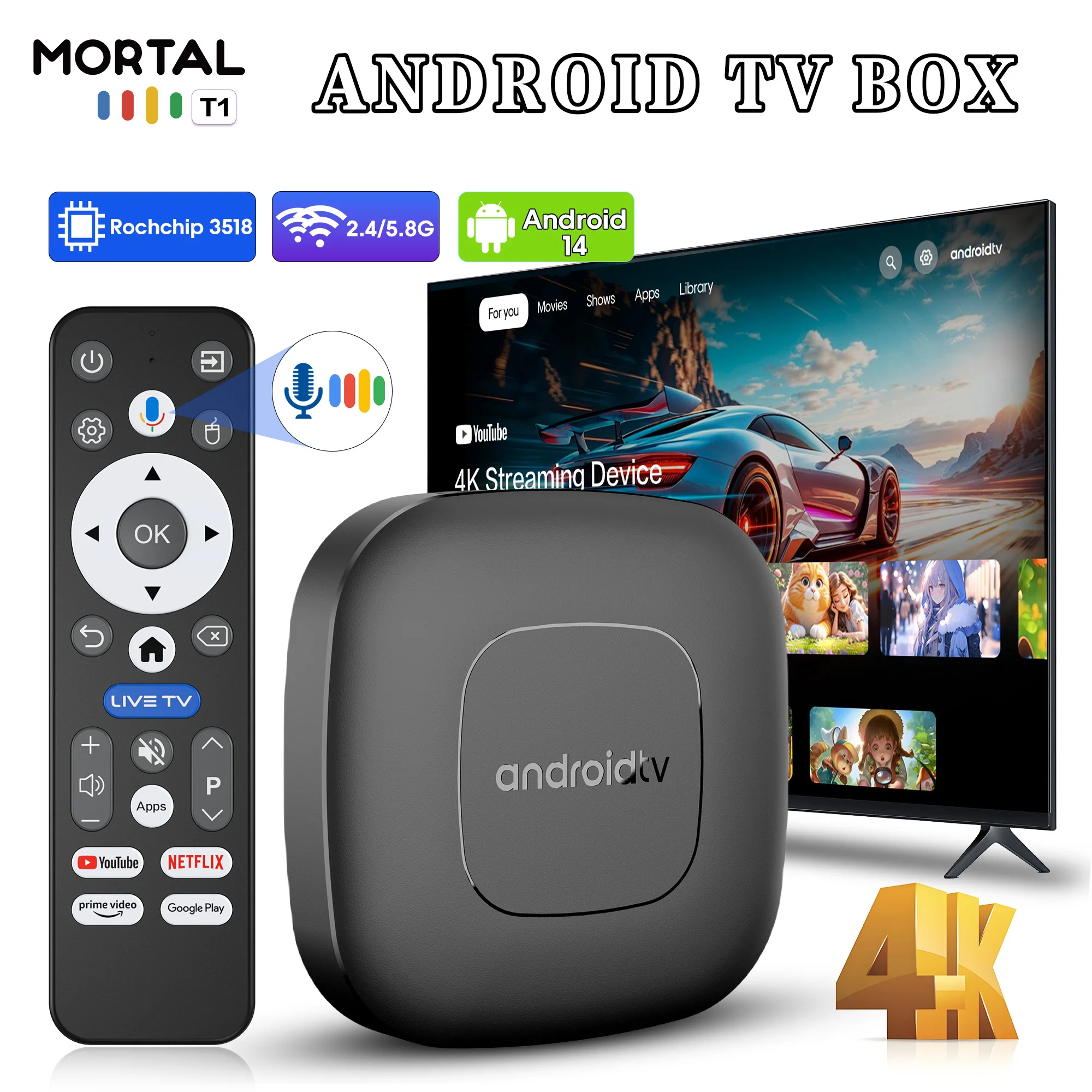 T1 스마트 안드로이드14 TV 박스 RK3518 쿼드 코어 4K 울트라 HD 듀얼 와이파이2.4G/5G 블루투스5.2 홈시어터 스트리밍 셋톱 박스