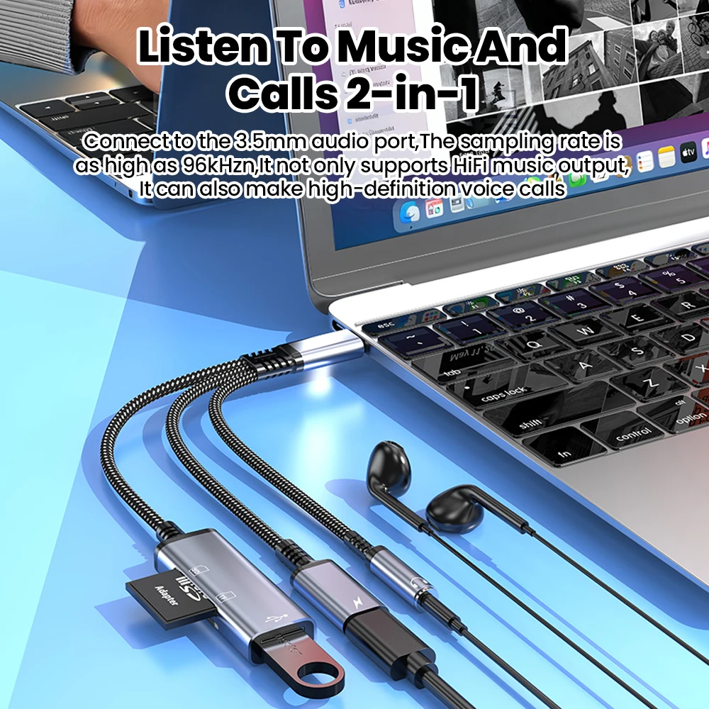 5-in-1 타입C 어댑터 고속 충전 USB C to 3.5MM/타입C/USB/SD/TF 카드 리더 아이폰 15 16 17 삼성 고속 전송
