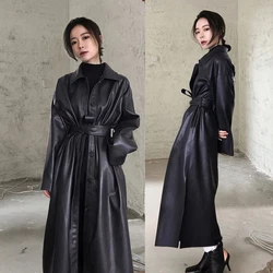 Spring Long Women Pu Leather Jackets Turn Down Collar Female Faux Leather Windbreaker Trench Coats Single Breasted Belt Jackets