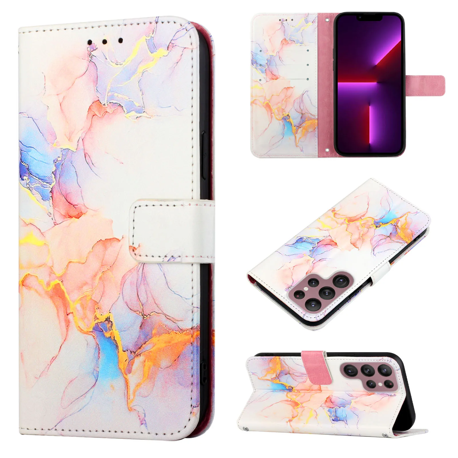 Luxury Marble Leather Crossbody Book Case with 3 Card Holder & Wrist Rope Wallet Cover