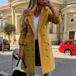 Wool do falso combina mulheres casacos longos gola dupla breasted breasted vintage elegante senhora plus size jaquetas inverno outerwear