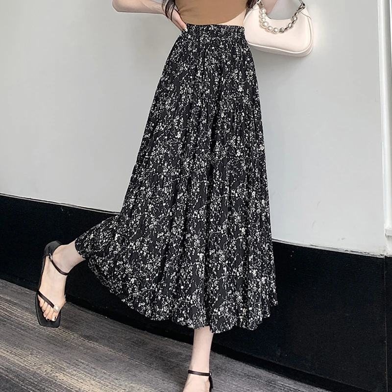 ZOCI Women's Summer Vintage Print Long Skirt Elastic High Waist Elegant Midi Skirts Casual Slim Fit Office A-Line Skirts Female 5