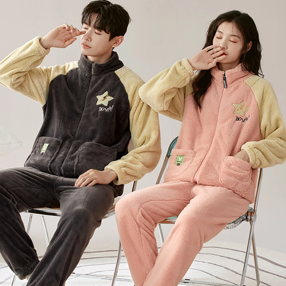 Antistatic Thicken Flannel Couple Sleepwear Men's Winter Warm Pajamas Set Casual Korean Style Zipper Patchwork pijama hombre