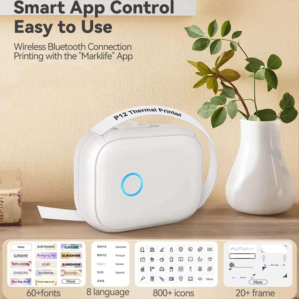 BaoBao- מכונת תוויות ניידת P12 אלחוטית בלוטות' מדפסת תוויות רציפה לאחסון במשרד בית, מכונת תוויות